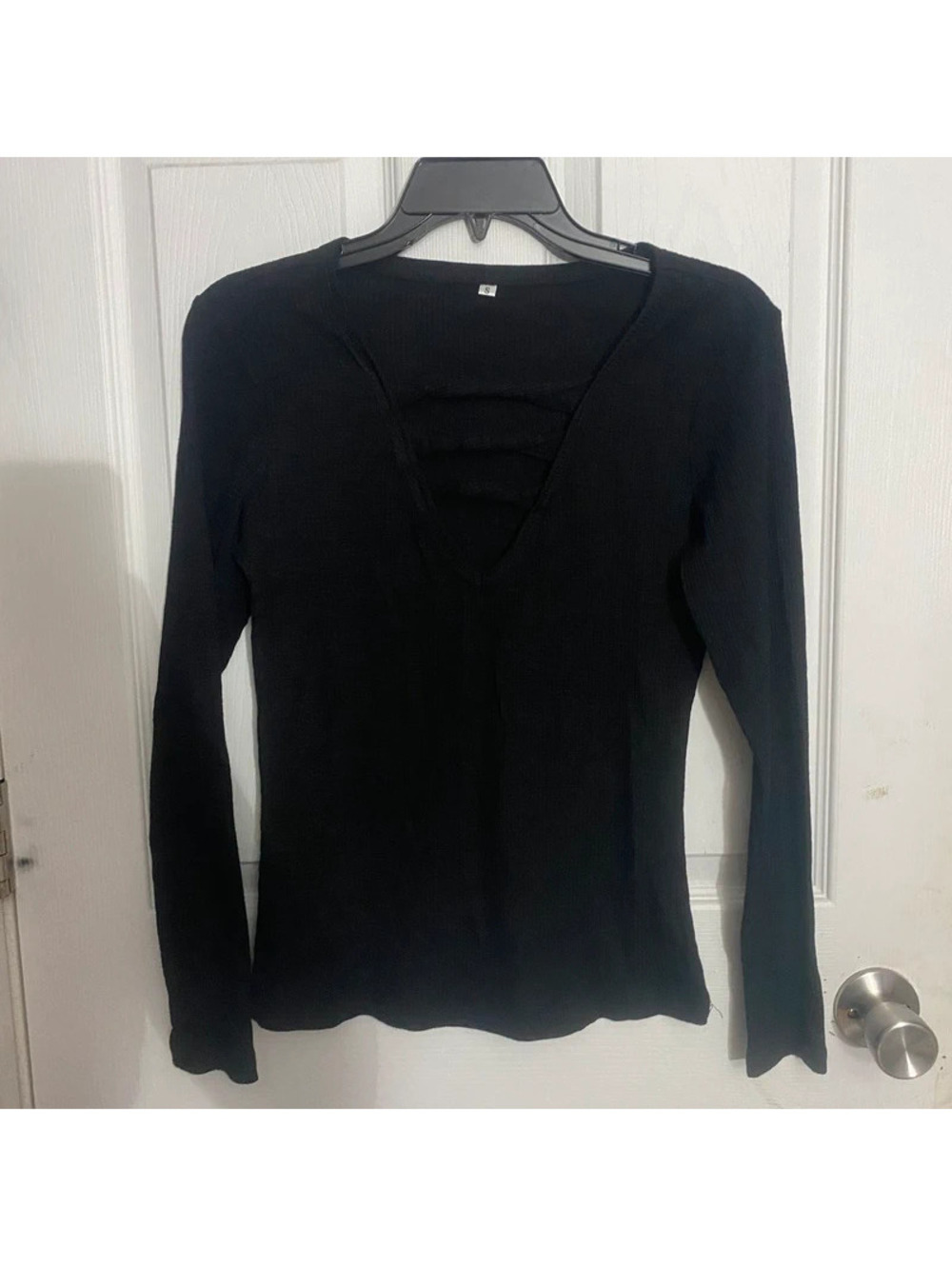 Black Ribbed Cutout Long Sleeve Top S Y2K